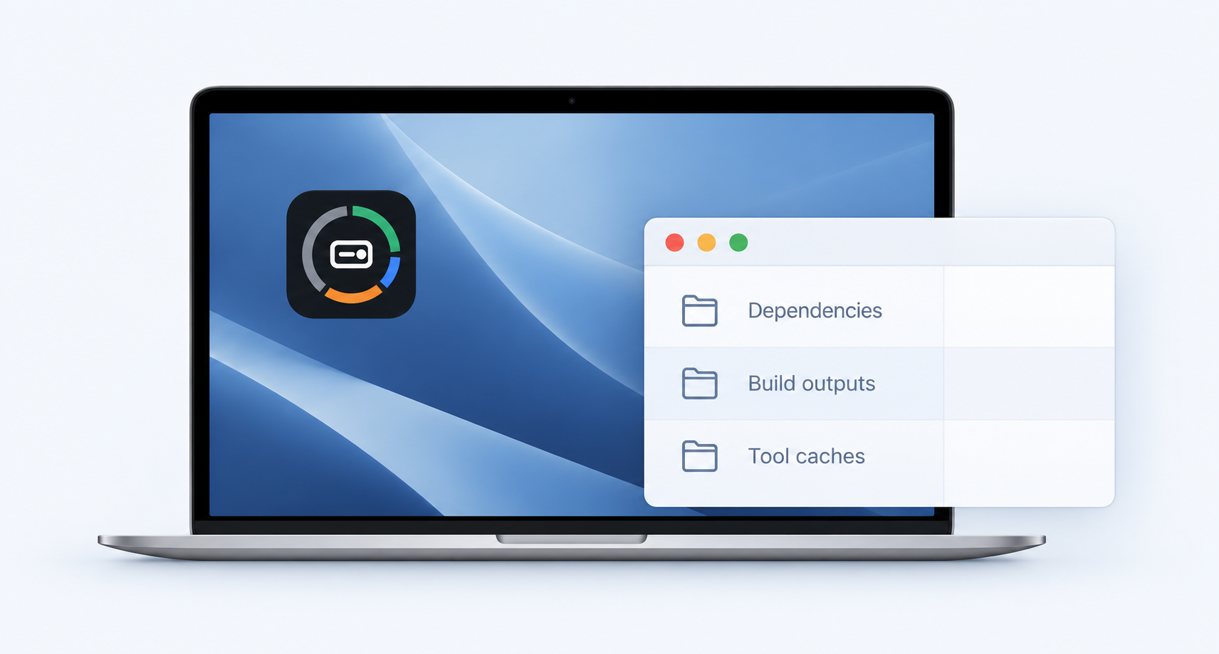 Illustration of a laptop with the DeepDriveCleaner icon and a list of development files.